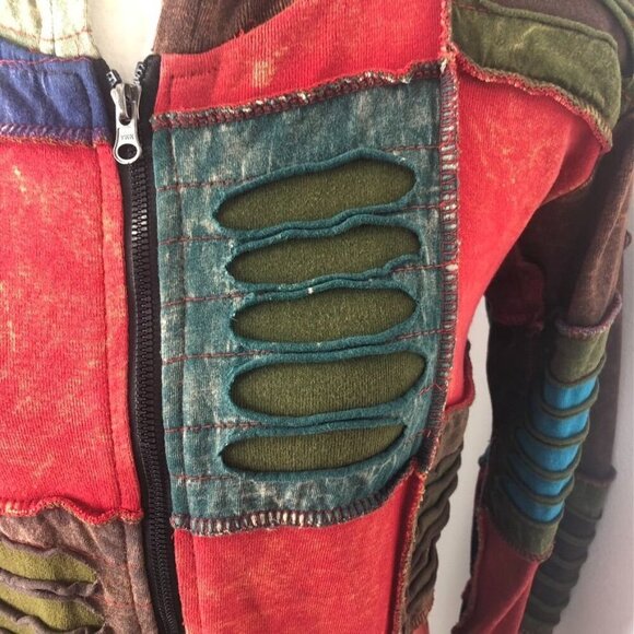 Rising International Womens Razor Cut Patchwork Hooded Jacket Sz M Zipper Boho - Picture 14 of 14